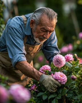 Elderly Gardener Delights in Passionate Gardening with Pink Roses and Dahlias - Senior Horticulture Enthusiast Embraces Vibrant Blossoms in Organic Landscape Design