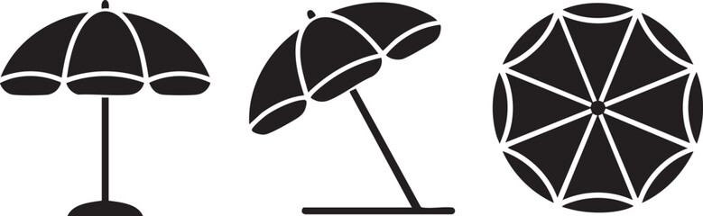 Minimalist beach umbrella icon set, black silhouette sunshade vector graphics, three summer parasol symbols for travel and vacation design © Angel Mandik