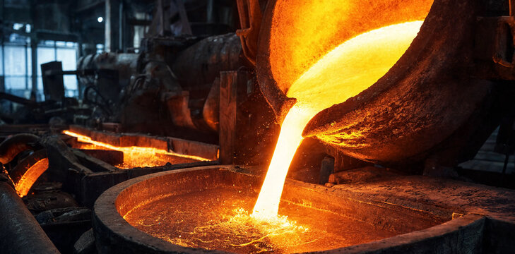 Molten liquid metal pouring from ladle in industrial foundry casting process with glowing metal manufacturing facility industrial plant industry industrial smelting production metallurgy