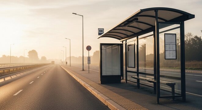 An empty bus stop shelter on a foggy morning with a long road stretching into the distance