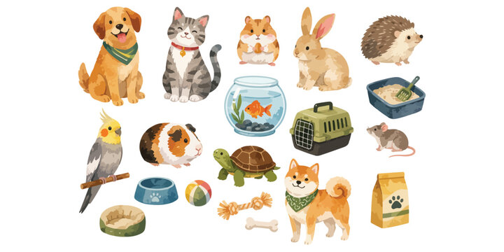 Watercolor cute domestic pets and animal care elements set