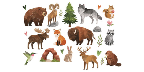 Fototapeta premium Watercolor North American forest wildlife animals and nature set