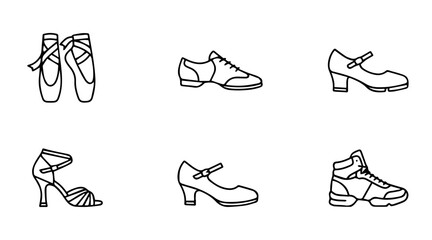 Diverse Dance Footwear Collection, Ballet Slippers, Jazz Shoes, Tap Shoes, Ballroom Heels, Latin Sandals, Modern Sneakers, Vector Icons Set © Enamul