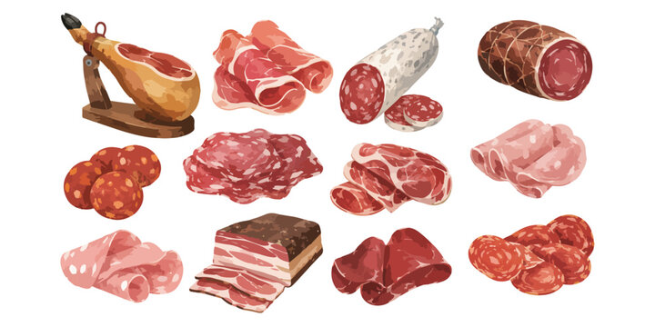 Watercolor gourmet cured meats and traditional sausages set