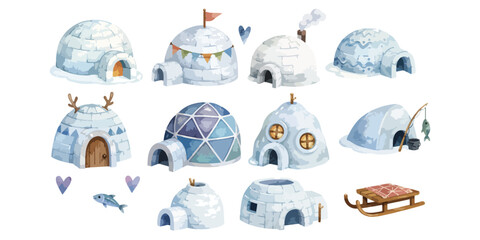Watercolor winter igloo ice houses and arctic elements illustration © dian's