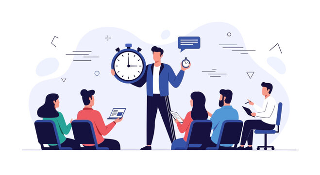 Business Coach Leading Time Management Training Session with Stopwatch and Audience Engaged