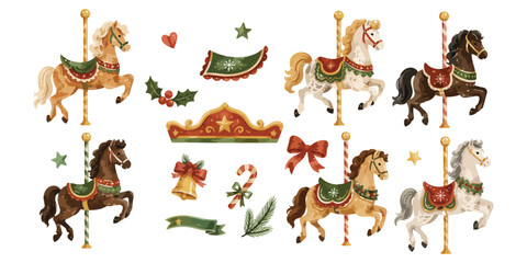 Watercolor vintage carousel horses and Christmas elements © dian's