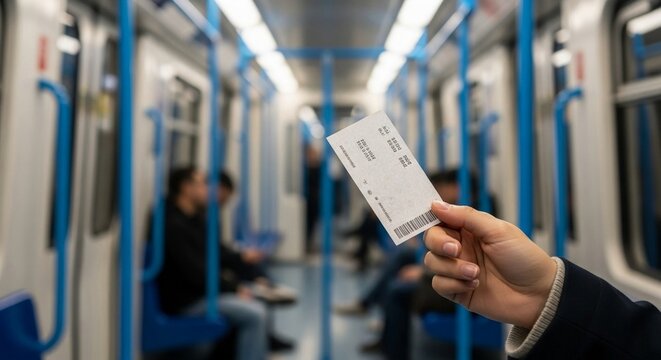 Hand holding a train ticket inside a public transport subway carriage with blurred passengers in the background