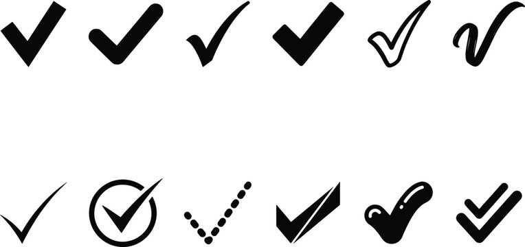 Black check mark icon set, 12 vector checkmark symbols for approval and validation, minimalist tick marks for checklist and survey UI design