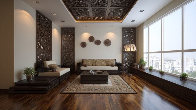 Luxurious interior living space showcasing dark wood furniture and intricate carved panels