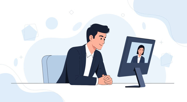 Business People Video Conferencing on Computer, Online Meeting Illustration