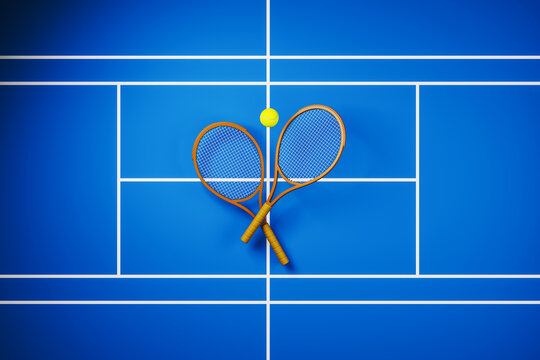 Two tennis rackets and a ball arranged on a bright blue court with clean white lines forming a minimal sport backdrop composition scene. 3D Rendering