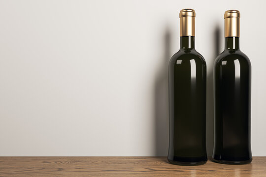 Two blank wine bottles mockup standing on wooden surface beside a clean light background for modern contemporary branding design template. 3D Rendering