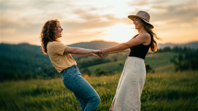 Two young women spinning and holding hands at sunset