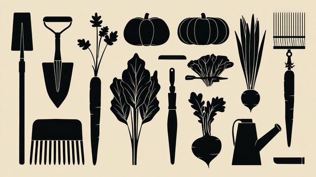 Collection of stylized black silhouettes representing gardening tools and fresh root vegetables against a light background