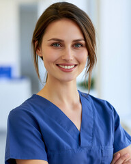 Fototapeta premium Confident Female Nurse in Blue Scrubs Providing Professional, Friendly Healthcare Services at Modern Clinic