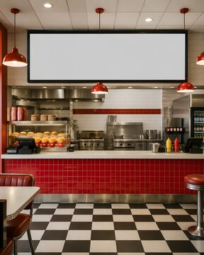 Retro fast food restaurant counter with large blank menu board