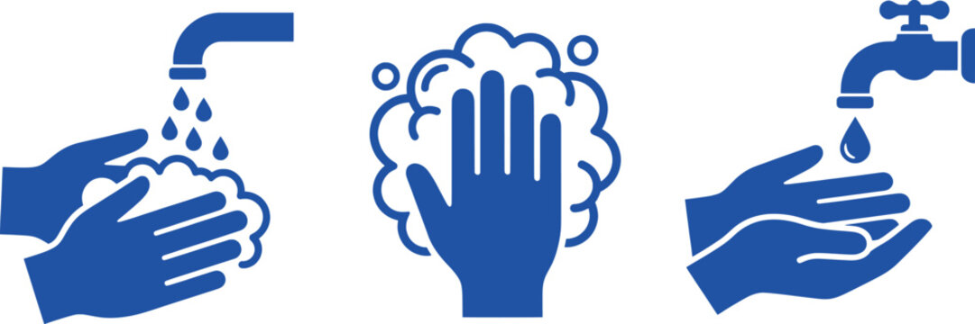 Hand washing icons set in blue, hygiene and sanitation symbols for health safety, washing hands with soap and water faucet vector illustrations