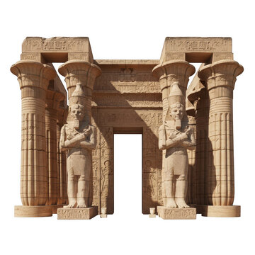 Ancient egyptian temple stone gate with two large pharaoh statues and tall carved stone columns isolated on transparent background