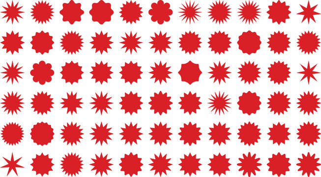 Red starburst sticker set, 72 vector sunburst shapes and price tag labels, bright red burst icons for retail sales and marketing promotions