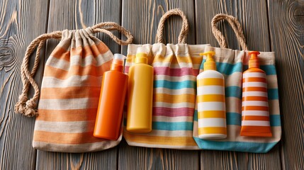 Obraz premium Beach bags held sunscreen bottles on wood, seen from above.