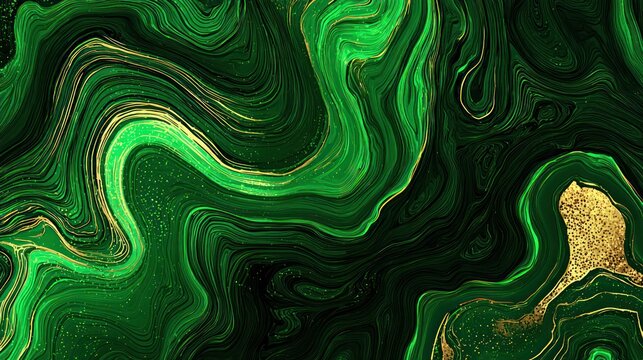 Rich emerald and deep forest tones create a dynamic, flowing mineral pattern accented with shimmering gold streaks.