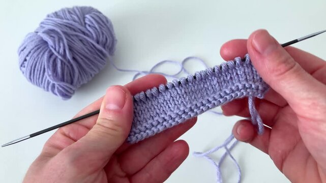 A woman shows a fragment of a knitted woolen product. The theme of an eco-friendly lifestyle, creating unique things with care for nature and minimizing excess consumption