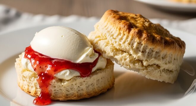 Freshly baked scone cut in half with jam and clotted cream on white plate