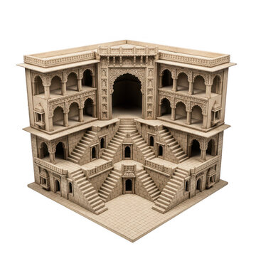 Ancient indian stepwell architectural model made of carved stone with stairs and arched hallways isolated on transparent background