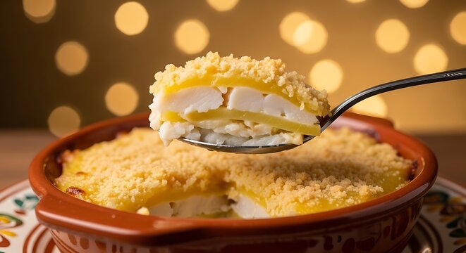Spoonful of creamy baked cod casserole with melted cheese topping in warm kitchen setting