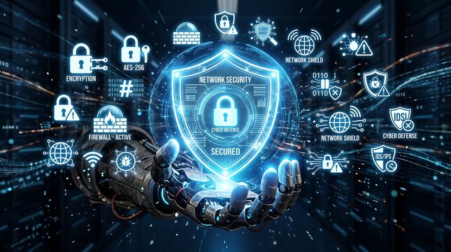 Robotic hand holds glowing network security shield with cyber defense icons