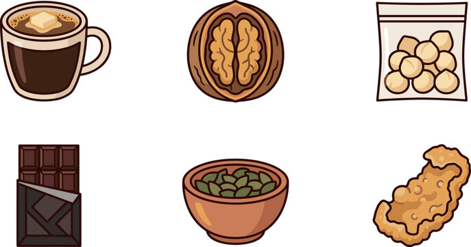 Healthy Fats and Keto Diet Snack Vector Icon Set Featuring Bulletproof Coffee, Walnut, Macadamia Nuts, Dark Chocolate, Pumpkin Seeds, and Pork Rinds