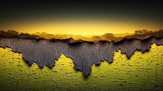 Weathered wood texture exposes bright yellow surface beneath against a hazy horizon