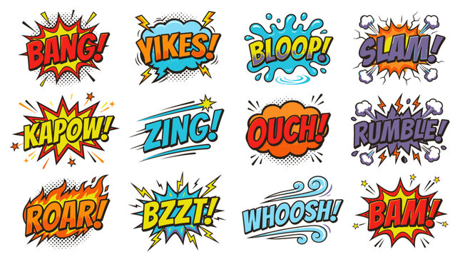 Vibrant comic book sound effect bubbles with explosion clouds.