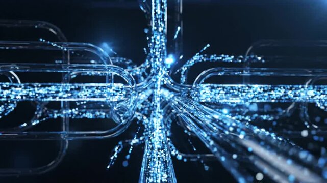 Abstract visualization of data flowing through digital pipes, representing network communication, information transfer, and cybersecurity concepts