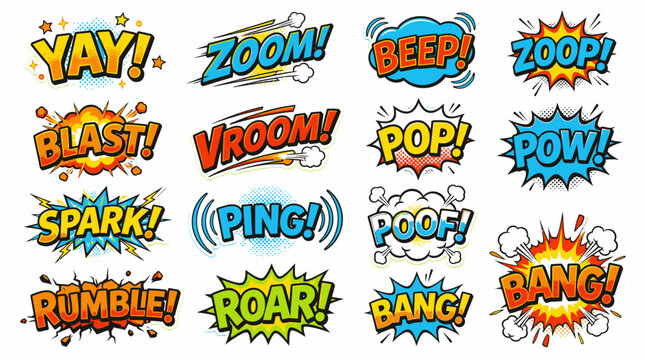 Vibrant comic book sound effect bubbles with yay and zoom.
