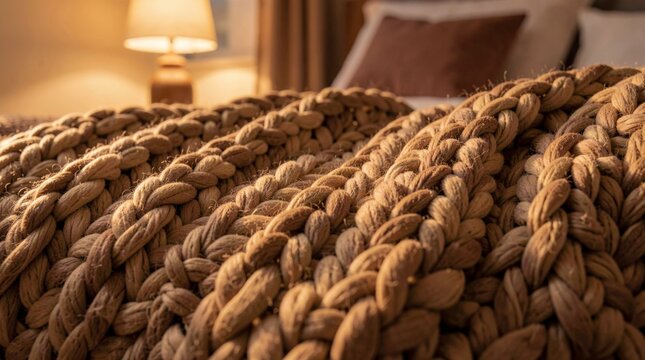 Close-up of a textured knitted blanket with thick, braided yarns. Warm tones create a cozy atmosphere in a softly lit room.
