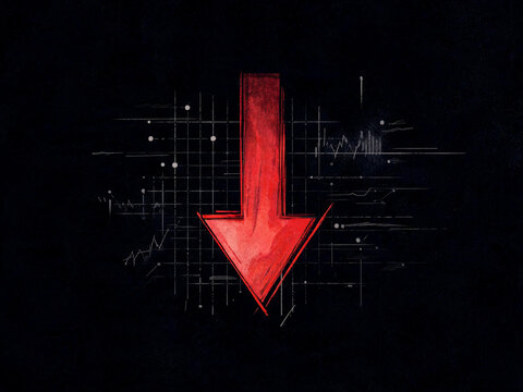 Red Downward Arrow Icon on Dark Background with Grunge Texture
