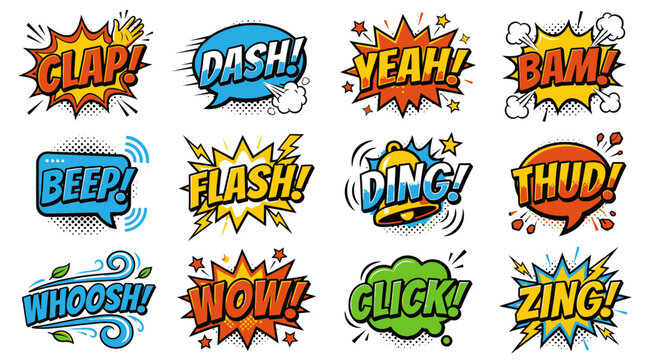 Vibrant comic book action sound effects stickers.