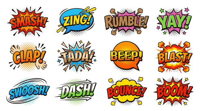 Vibrant comic book action words with smash and bounce.