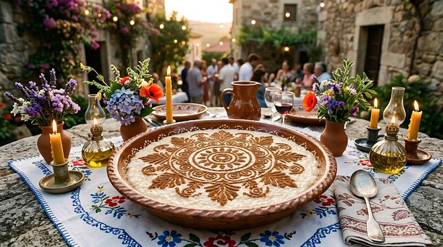 Traditional rice pudding dessert served on decorative platter at outdoor garden celebration