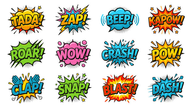 Vibrant comic book explosion and action sound effects.