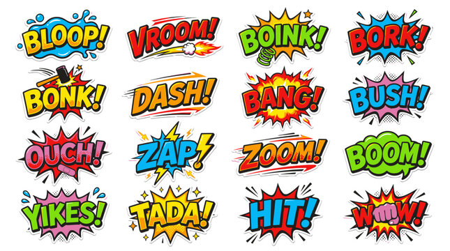 Vibrant comic book onomatopoeia sound effects colorful collection.