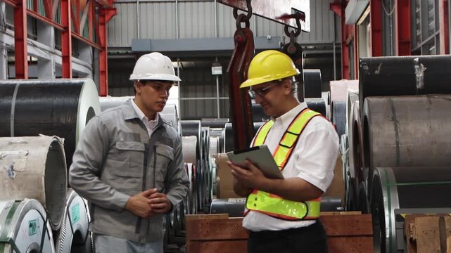 Young foreman in safety clothing discussing with senior worker wearing helmet and safety vest at industrial site. Diverse team brainstorming and working together at Industrial manufacturing factory.