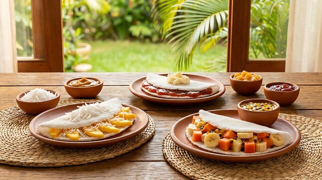 Colorful tapioca pearls with tropical fruit toppings on bamboo tray by sunny window