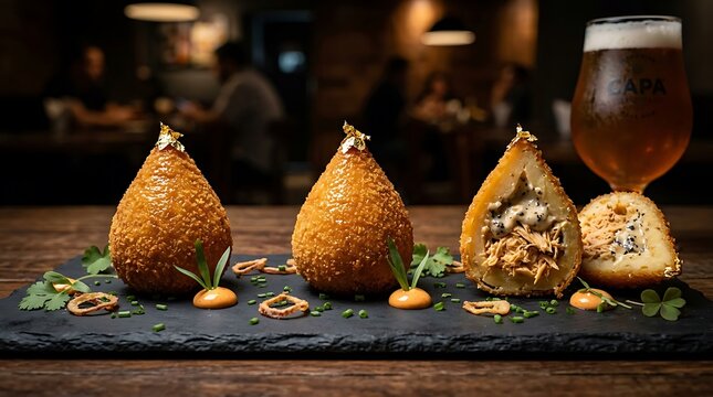 Three golden fried coxinhas on slate board with beer and herbs