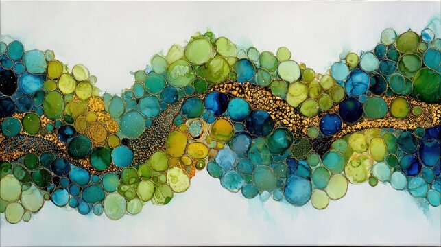 Flowing composition features a winding stream of vibrant circles in shades of blue and green accented by sparkling gold texture