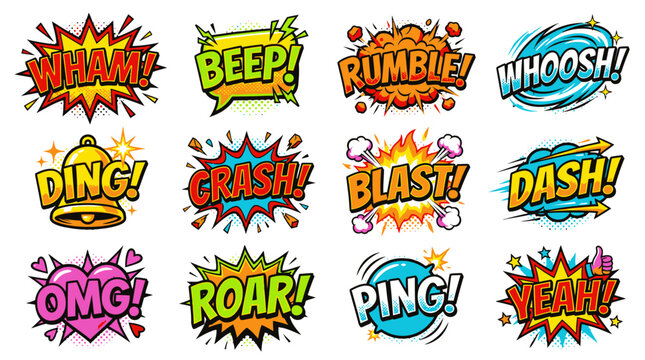 Vibrant comic book sound effect stickers with wham beep rumble.