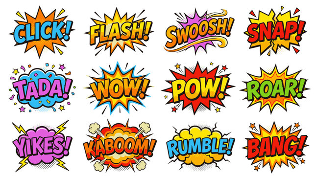 Vibrant comic book sound stickers featuring roar and kaboom.