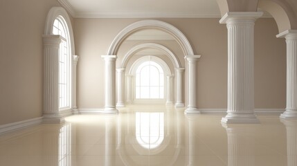 Fototapeta premium Symmetrical series of classical arches and columns lines a brightly lit interior hall